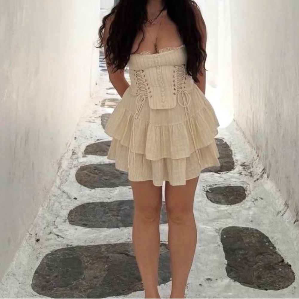 Cream Corset Mini Dress with Lace-Up Detail - Picture 6 of 6